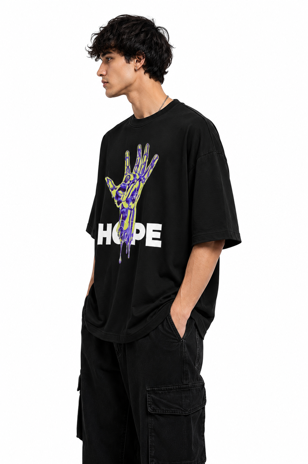 "HOPE" Dripping Skeleton Hand Graphic Oversized T-Shirt